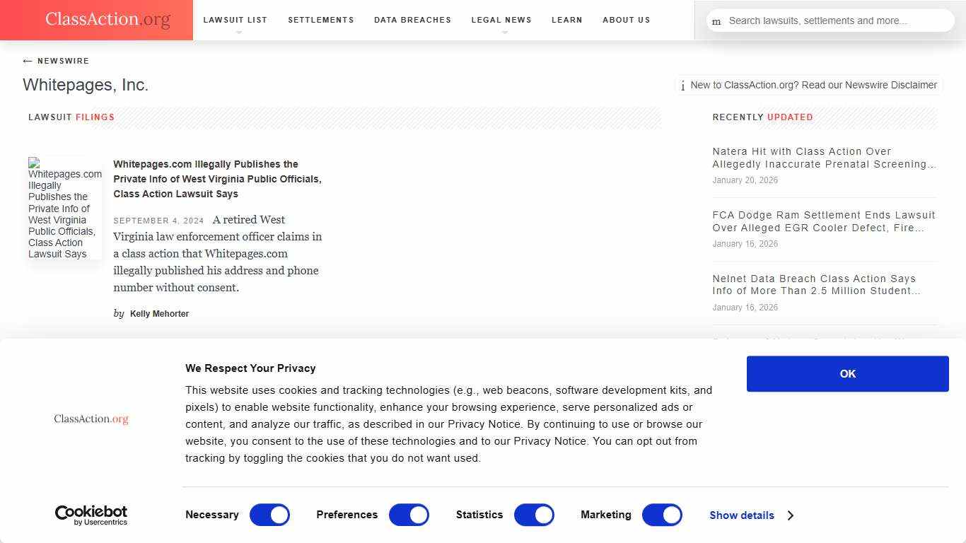 Whitepages, Inc. | The ClassAction.org Legal News Wire | Breaking Class Action Lawsuit & Settlement News