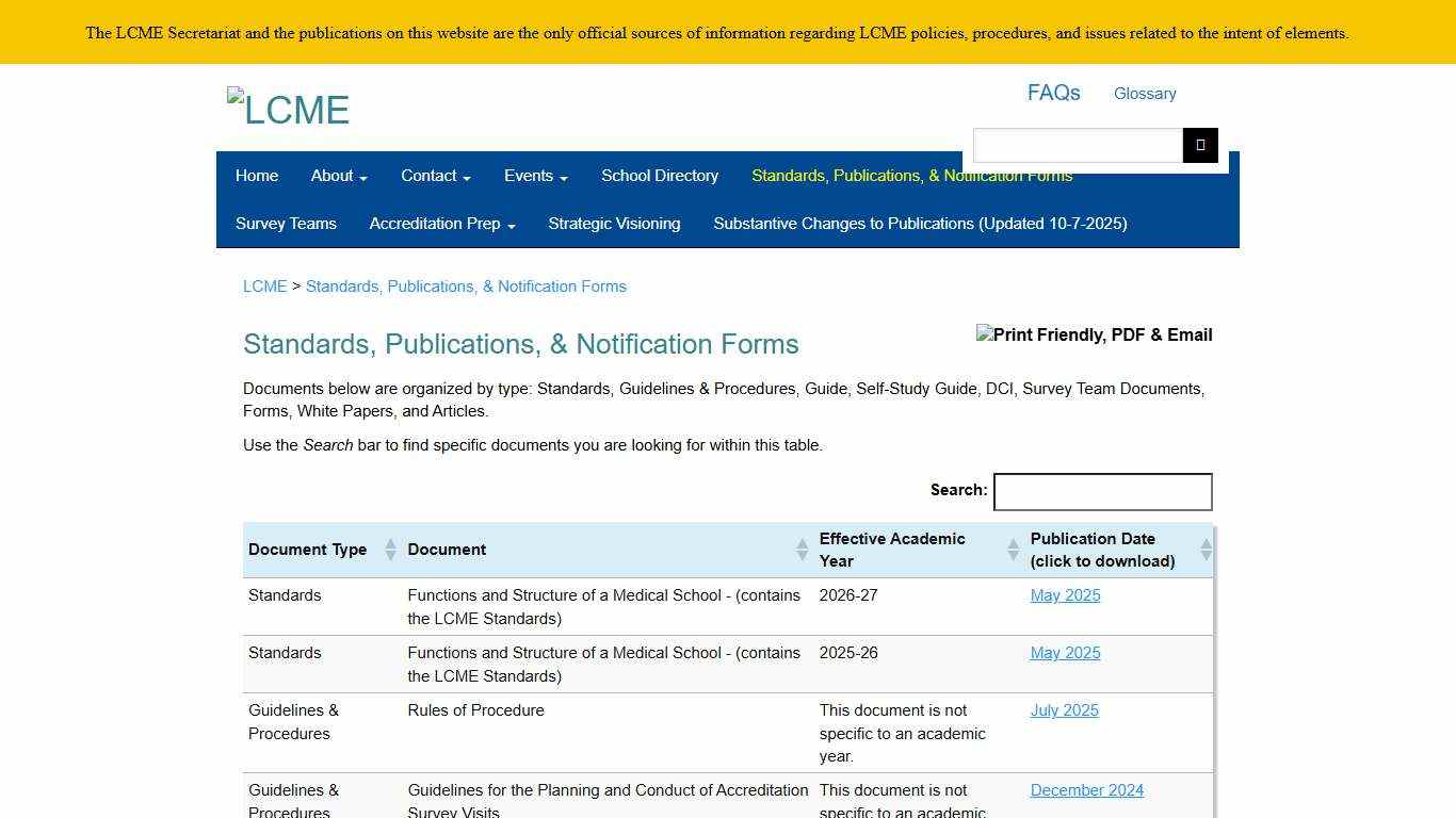 Standards, Publications, & Notification Forms | LCME